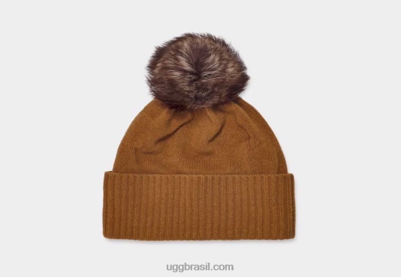 camello scuro 4VTTD148 UGG mulheres chapéu de pompom de malha canelada pryce