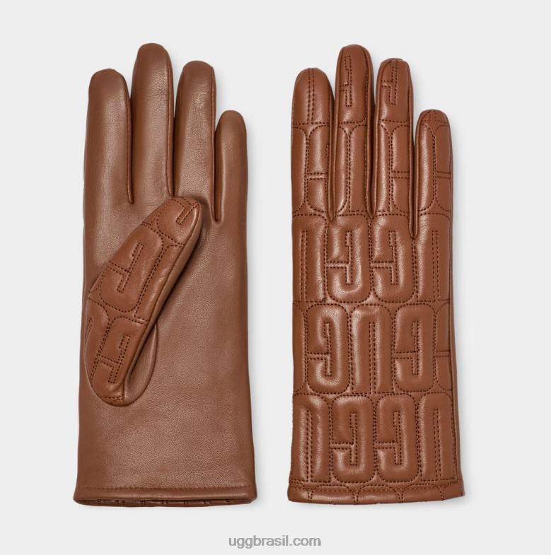 castanha 4VTTD2258 UGG mulheres luva de couro com logotipo acolchoado
